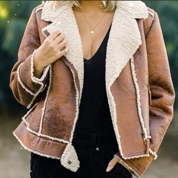 Marrakech (Anthropologie) Jacket Marissa Sherpa Moto Distressed Brown Large NWT - Picture 1 of 9